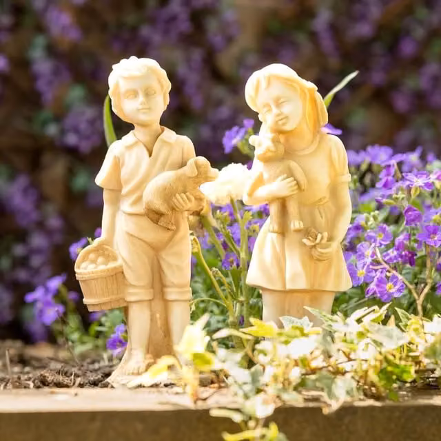 Garden Mile Sandstone Effect Girl and Boy Garden Statues, 2 Piece Set