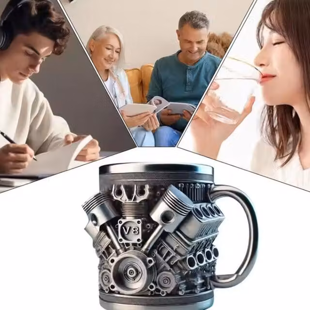 VOGREX V8 Resin Engines Personalized Stainless Steel Double Walled Coffee Mug, Silver, 300 ml