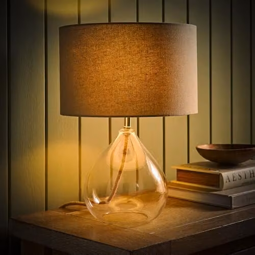 ValueLights Eloise Teardrop Table Lamp with Clear Glass Base, Beige Linen Drum Shade and Included LED Bulb – 2
