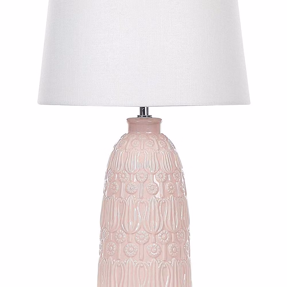 Wyld and Coco Pink and White Ceramic Table Lamp with Floral Carved Base – 2