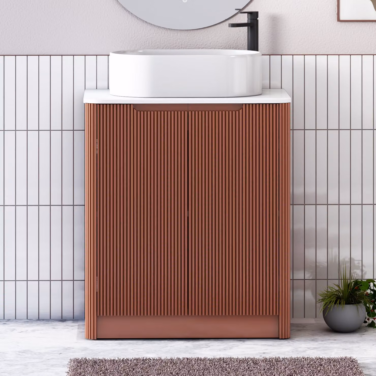 Royal Bathrooms Avenza 600mm Terracotta Clay Floor Standing 2 Door Vanity Unit with Plain White Worktop and Peak Basin