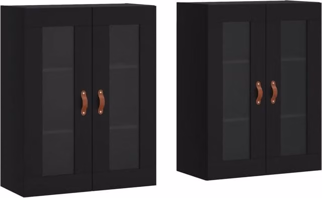 Berkfield Home Set of 2 Modern Wall Mounted Cabinets in Black with Glass Doors and Internal Shelves – 1