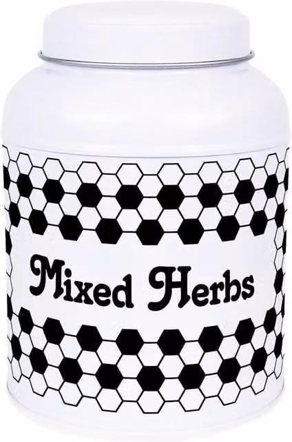 Purely Home Hexagon Tiles Snacks Canister with Small Domed Lid, Mixed Herbs, 110g, Black and White Geometric Metal Storage Jar
