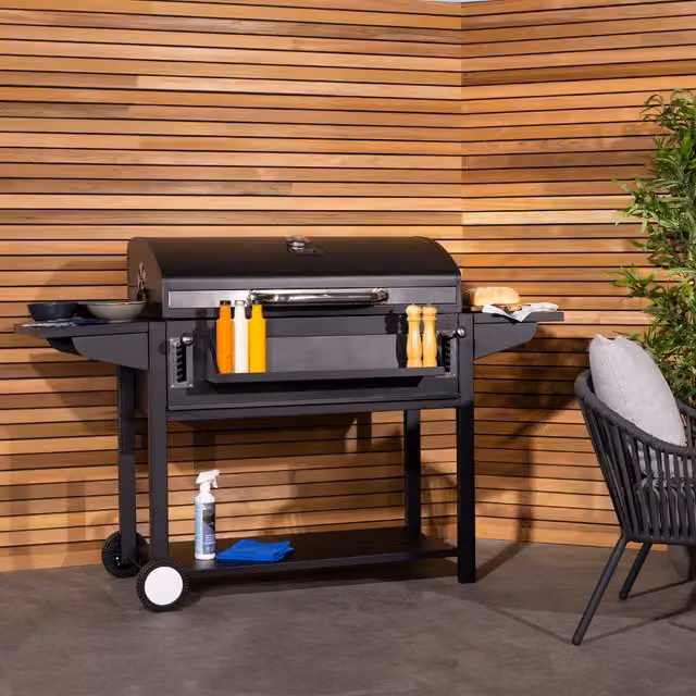 Charles Bentley Deluxe Charcoal BBQ Grill with Warming Rack and Thermometer in Black