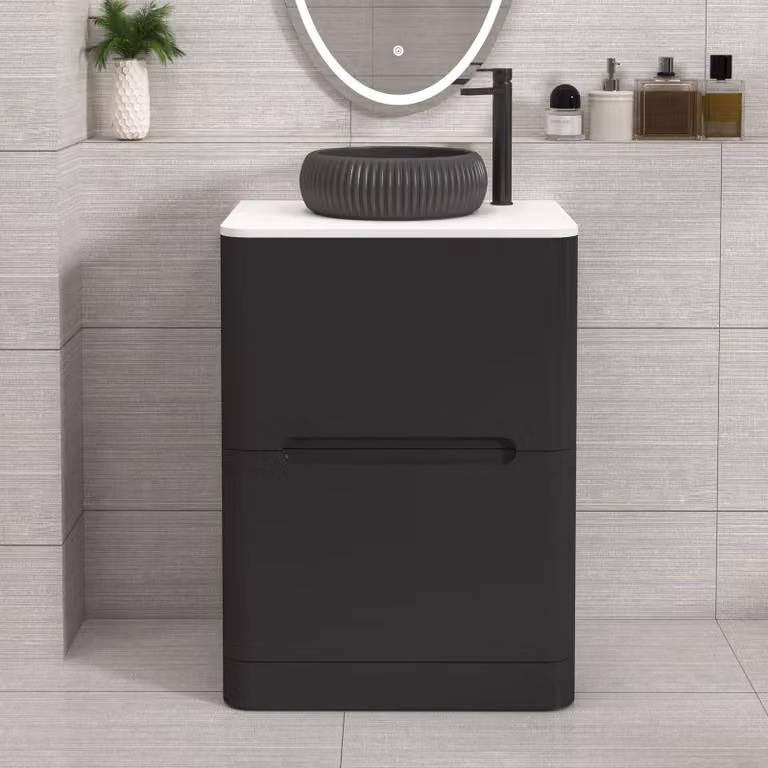 Royal Bathrooms Venice 600mm Matt Nocturne Black Floor Standing 2 Drawer Vanity Unit with Plain White Worktop and Milan Black Basin