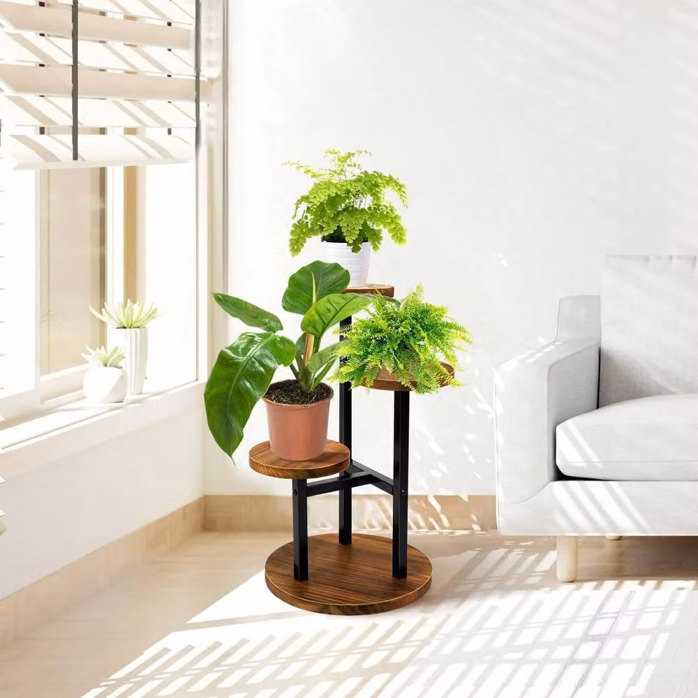 Havendro 3-Tier Metal and Wood Plant Shelf in Brown, W/D/H: 32.0 x 32.0 x 53.34 cm – 2