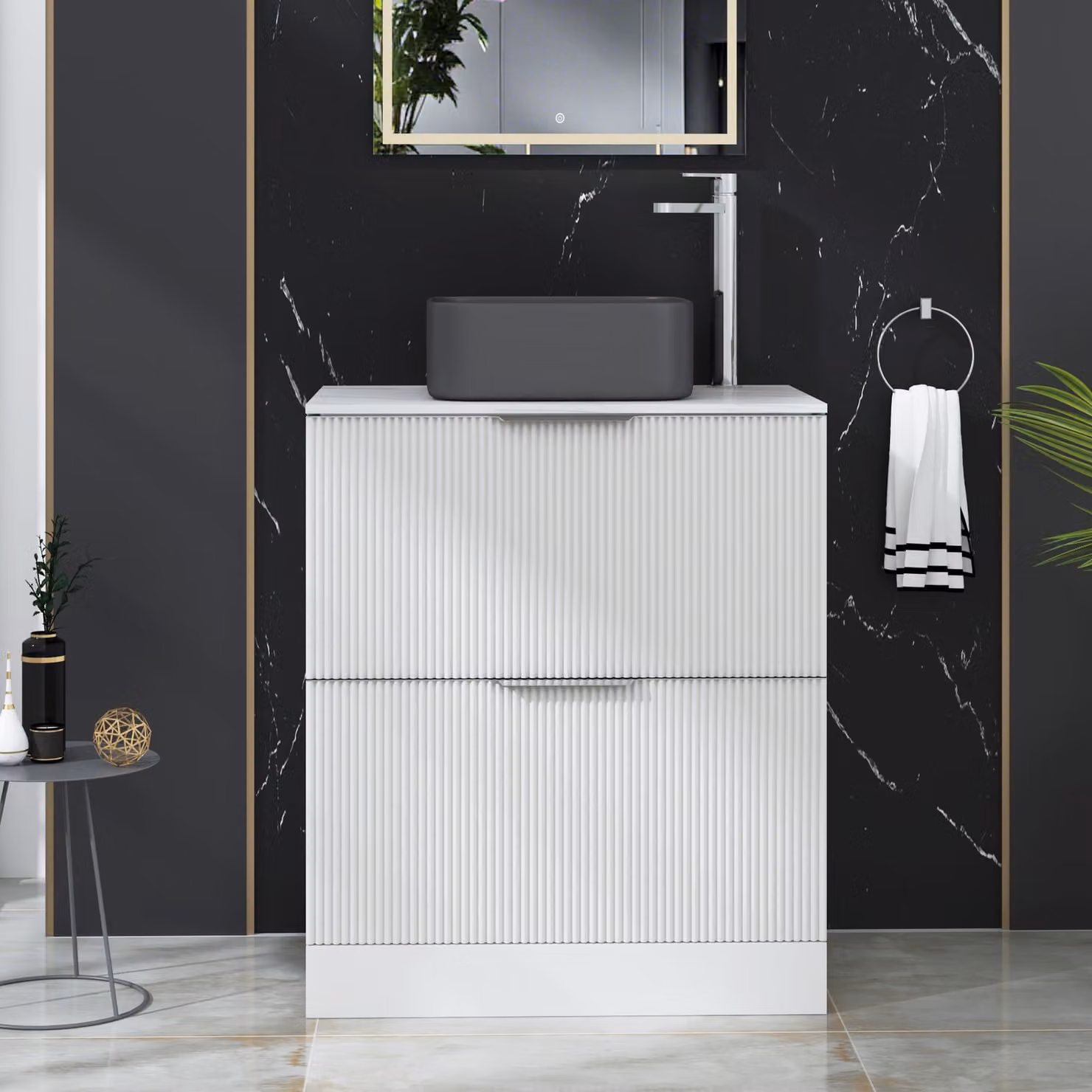 Royal Bathrooms Evora 700mm Matt White Fluted Floor Standing Countertop Vanity Unit with 2 Drawers and Art Square Basin