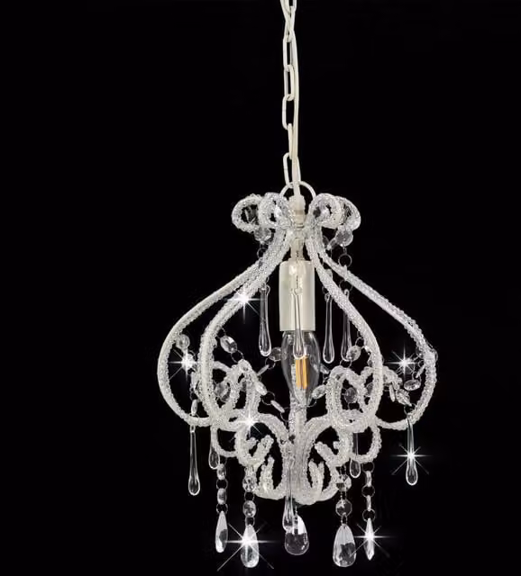 Berkfield Home Beautiful Round Ceiling Lamp with White Beads and Transparent Accents, E14, W: 32 cm, D: 32 cm, H: 24 cm – 1