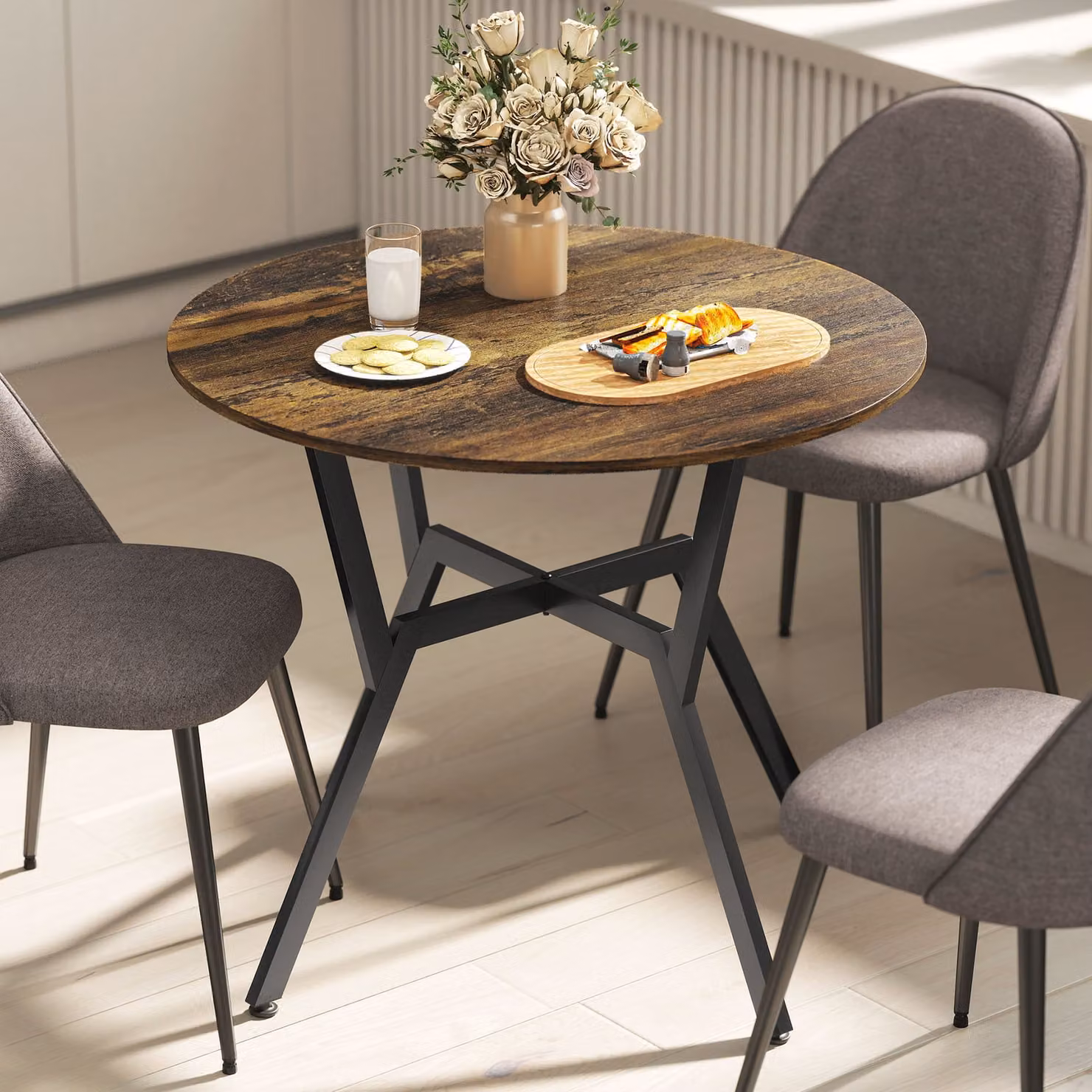 HOMCOM Round Dining Table in Rustic Brown with Black Legs, Diameter: 90 cm, Height: 76 cm – 7