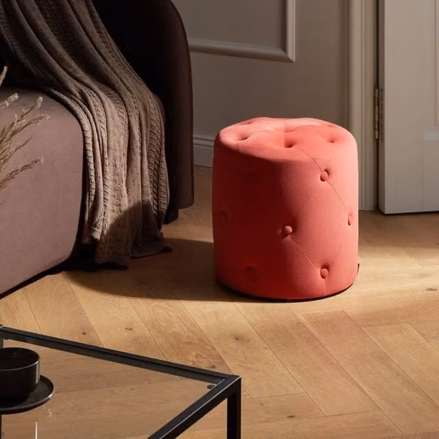 Wyld and Coco Round Chesterfield Tufted Velvet Pouffe in Red – 1
