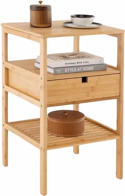 Pirlo Plush Bamboo Bedside Table with Drawer and Shelf in White and Brown