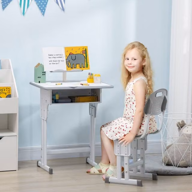 HOMCOM Height Adjustable Kids Desk and Chair Set in Grey – 1