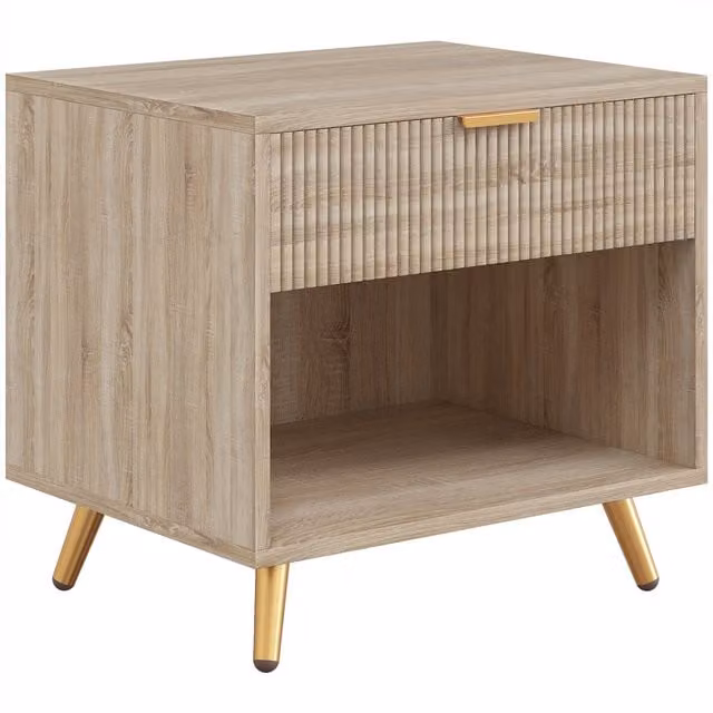 HOMCOM Modern Bedside Table with Drawer and Open Compartment in Brown, Gold and Beige Finish – 1
