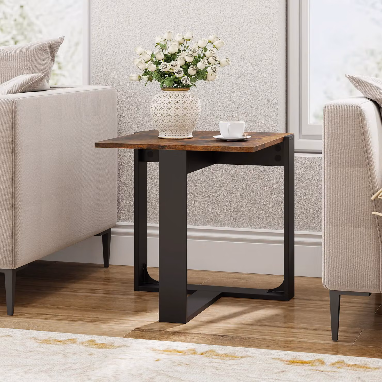Gymax Industrial Square Side Table with T-Shaped Metal Base in Brown – 7