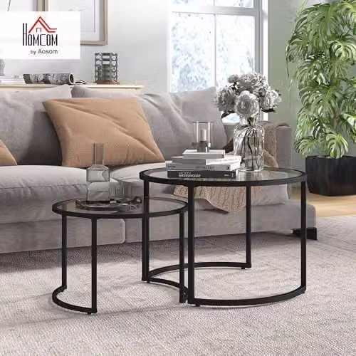 HOMCOM Set of 2 Round Nesting Coffee Tables with Black Glass Tops and Metal Frames – 2