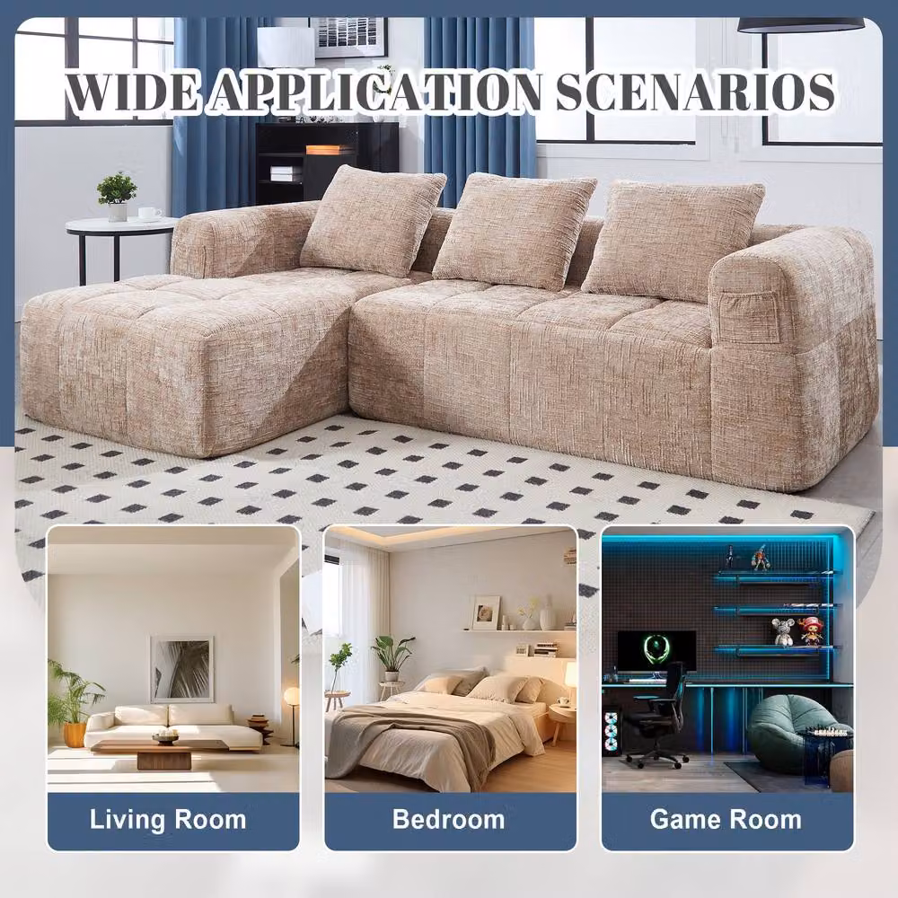 FENCHILIN Modular L-Shaped Sectional Sofa in Beige Chenille Fabric with Reversible Design, Removable Covers and Scatter Cushions – 2