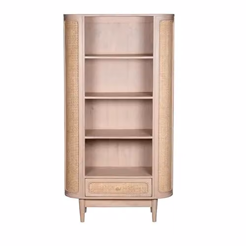 Indian Hub Valencia Bookcase in Brown Mango Wood and Rattan, W90 x D40 x H165 cm