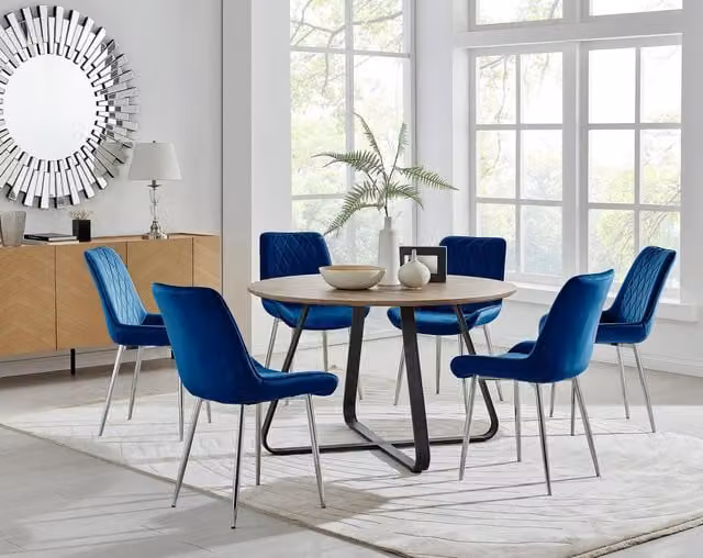 FurnitureboxUK Santorini Brown Round Dining Table and Pesaro Navy Blue Chairs with Silver Legs – 1