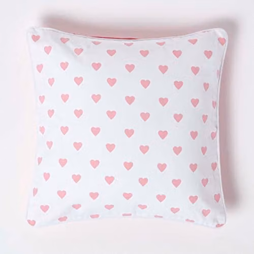 Homescapes Cotton Love Hearts Cushion Cover, Pink and White, 45 x 45 cm