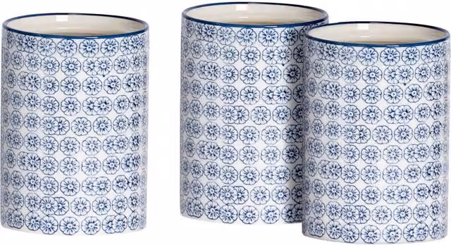 Nicola Spring Hand-Printed Ceramic Kitchen Utensil Holders, Pack of 3, Blue – 1