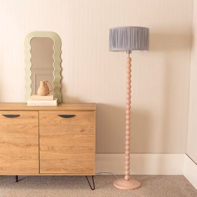 ValueLights Bobbins Rose Floor Lamp with Ruched Drum Shade in Blue