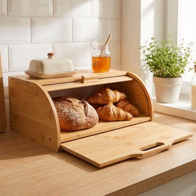 Maison Des Cadeaux Bamboo Bread Box with Built-in Chopping Board, Brown and Orange, W: 40.0 cm, D: 26.5 cm, H: 15.5 cm