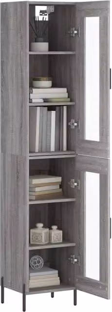 Berkfield Home Grey Sonoma Highboard with Glass Doors and Internal Shelves, W/D/H: 34.5 x 34 x 180 cm – 1