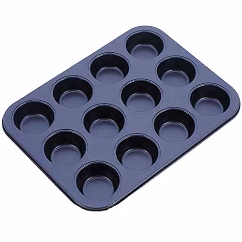 KAV Non Stick 12 Cup Muffin Tray Mould in Black Carbon Steel, W/D/H: 33 x 26.5 x 3 cm