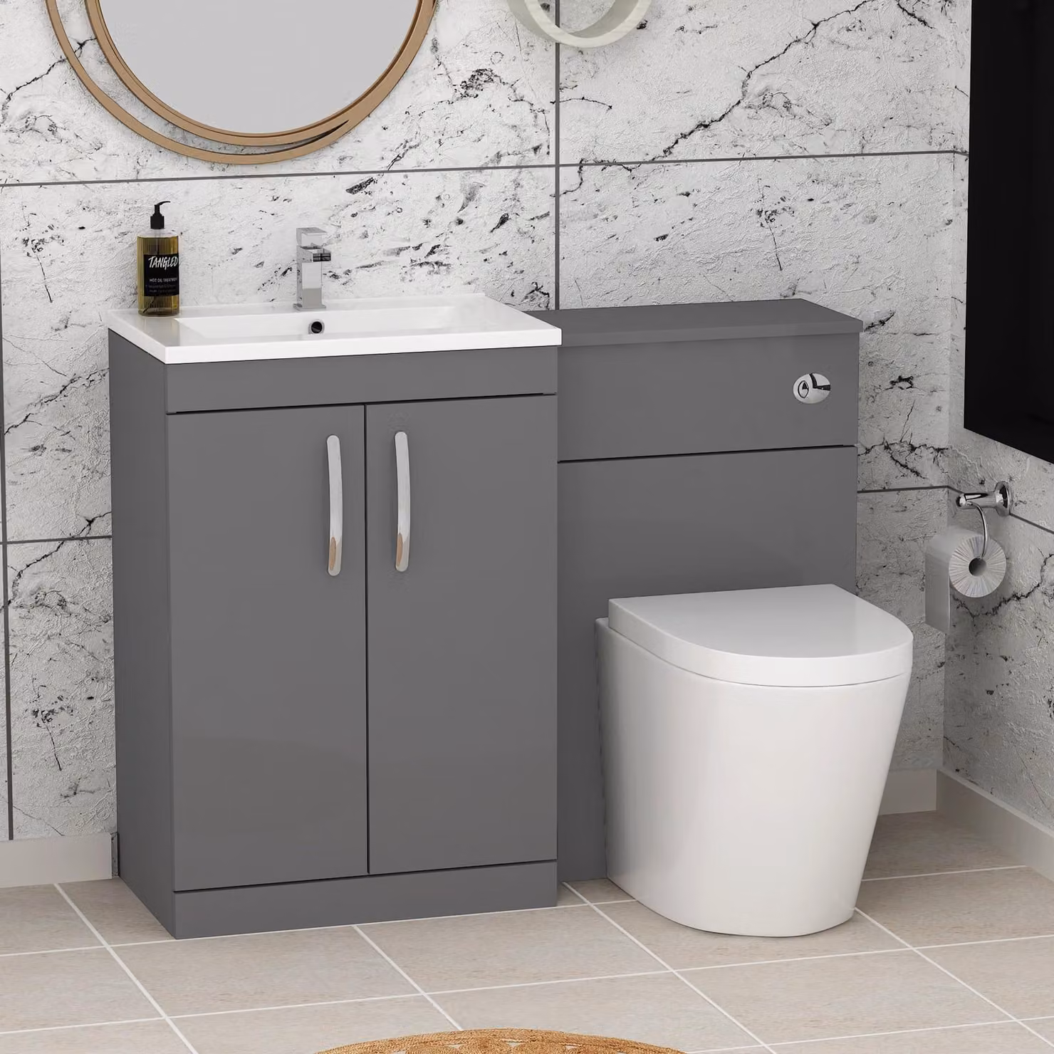 Royal Bathrooms Turin 1100mm Indigo Grey Gloss 2-Door Minimalist Basin and Cesar Back to Wall Toilet Pack