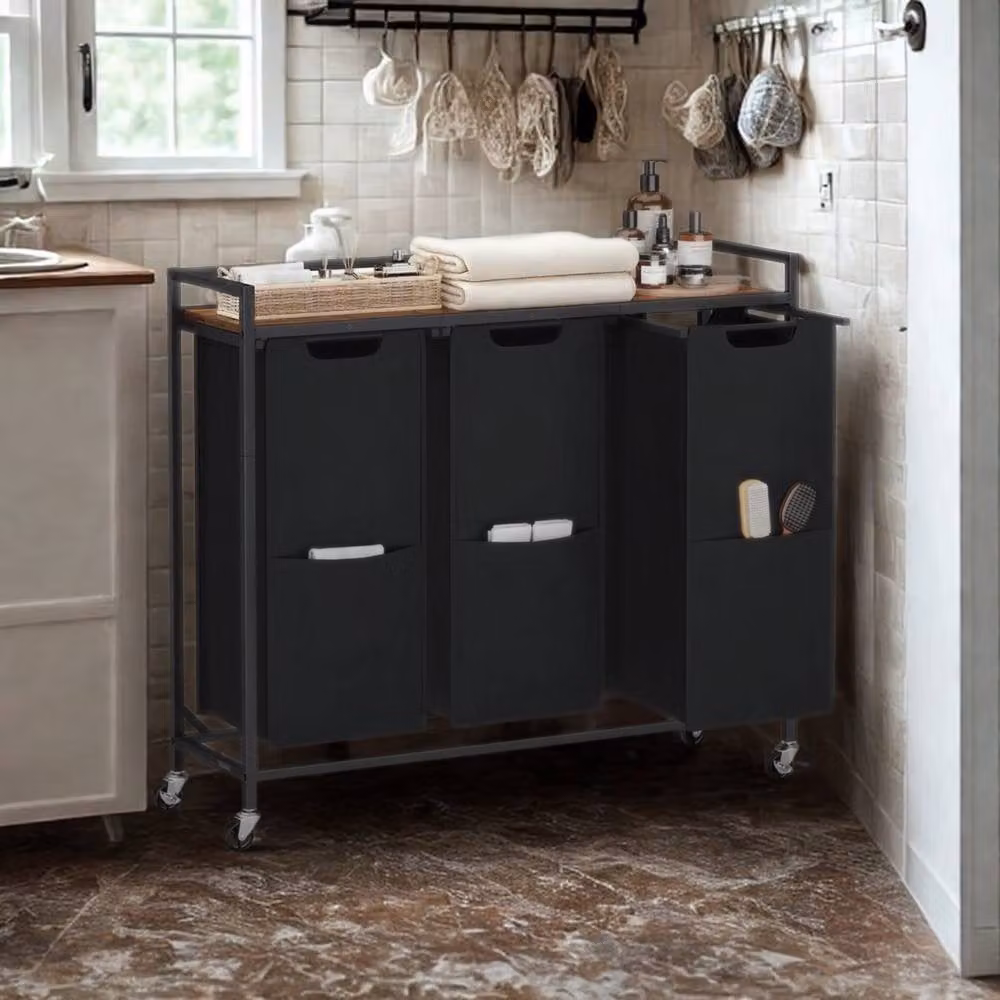 Pirlo Plush Industrial 3 Compartment Laundry Basket with Shelf in Brown and Black – 2