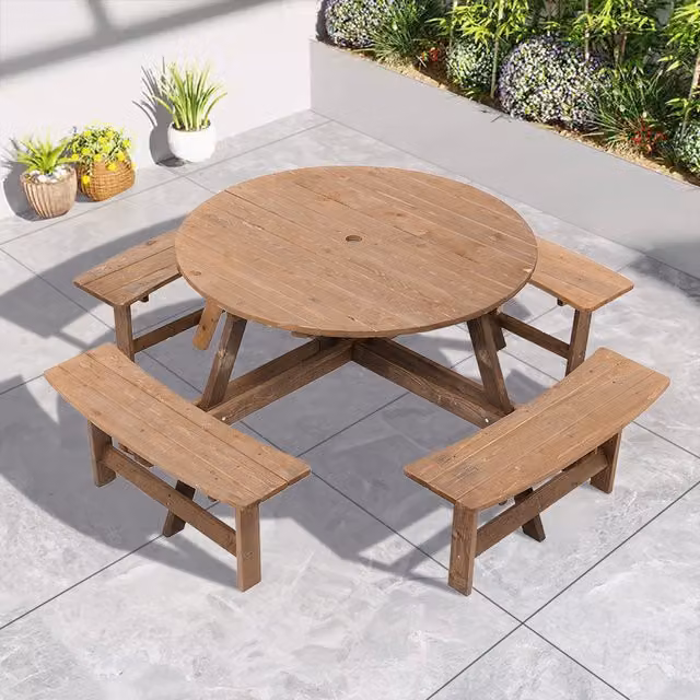 Livingandhome Round Rustic Treated Hardwood Garden Picnic Table and Bench Set, Brown, 8 Person