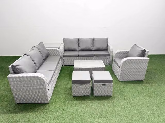 Fimous 9 Seater Poly Rattan Outdoor Garden Furniture Set in Light Grey with Upholstered Cushions, 3 Seater Sofas, Reclining Chairs, Stools and Side Table