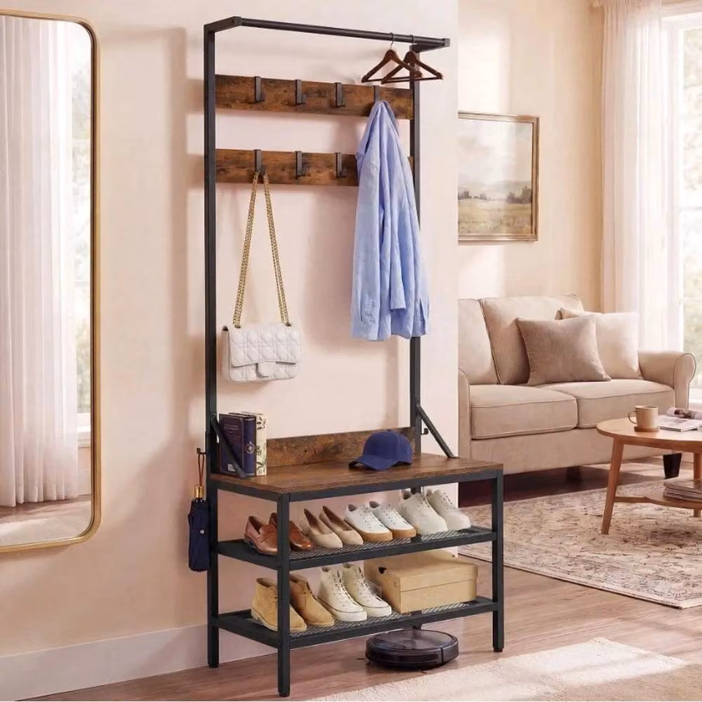 VOGREX Brown Industrial Hall Tree with Shoe Bench and 9 Hooks – 3