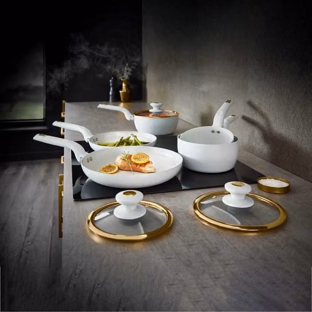 Tower 5 Piece Ceramic and Aluminium Cookware Set in White, Black and Gold