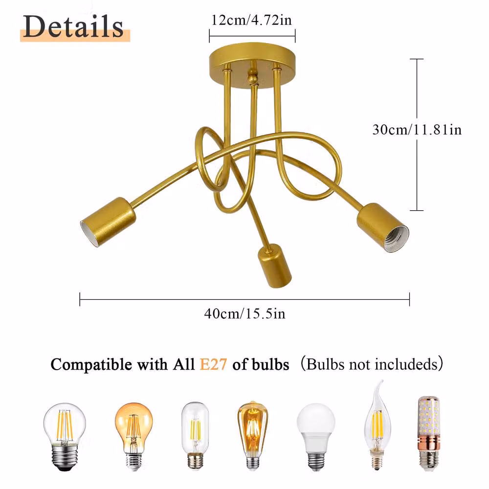 Pheashine Gold 3-Light Semi Flush Ceiling Light with E27 Metal and Glass Fittings – 3
