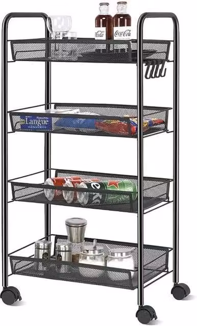 FORGEVIO 4 Tier Rectangle Metal Kitchen Storage Trolley Basket Rack in Black
