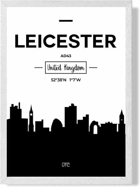 ARTZE Leicester Black and White City Skyline Framed Print in White Frame, A2