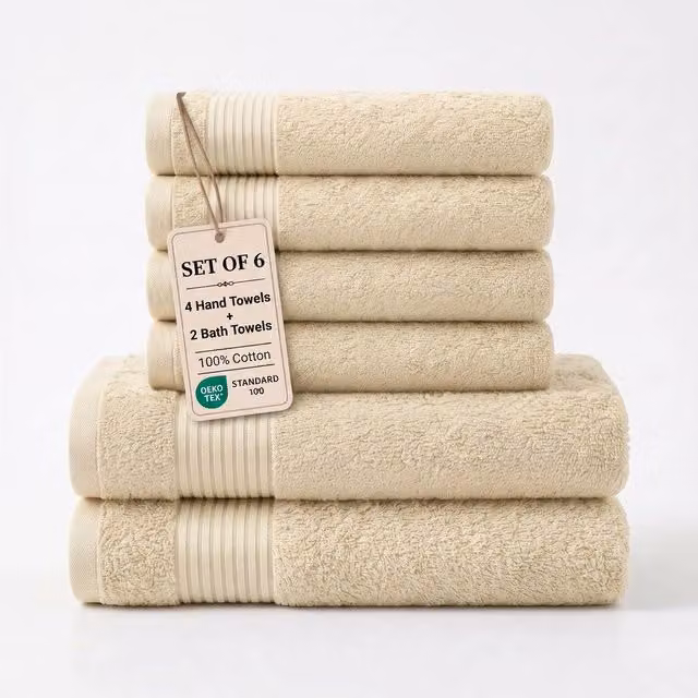 Grace Premium 500 GSM Cotton Bath and Hand Towel Set of 6 in Beige