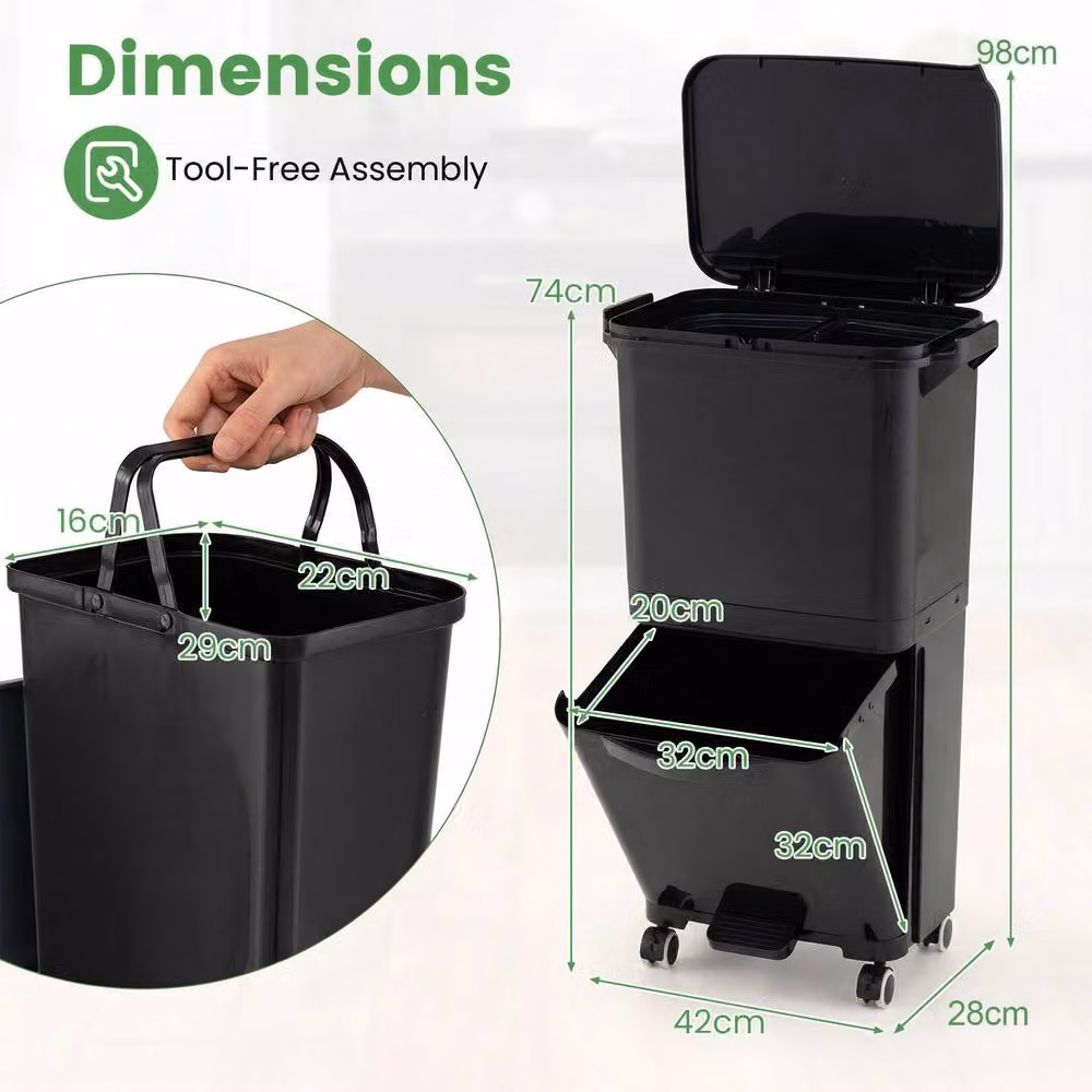 Costway Rolling Pedal Trash Can with 2 Removable Plastic Bins, Black – 2