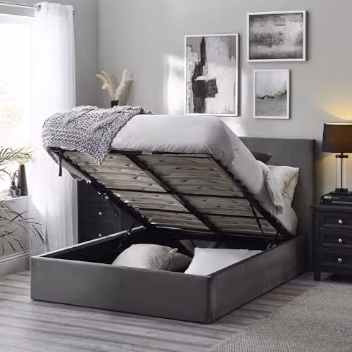 Julian Bowen Shoreditch Grey Velvet Upholstered Ottoman Storage Bed, Double 140x200 cm – 3