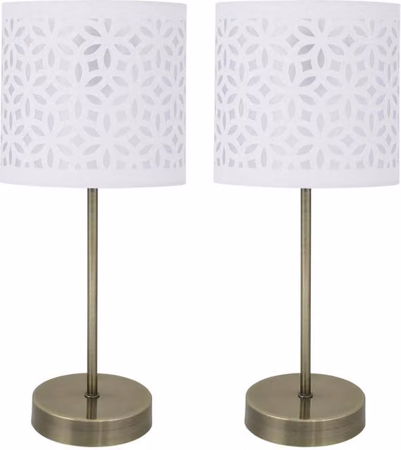 First Choice Lighting Set of 2 Antique Brass Stick Table Lamps with White Fabric Shades in Bronze – 1