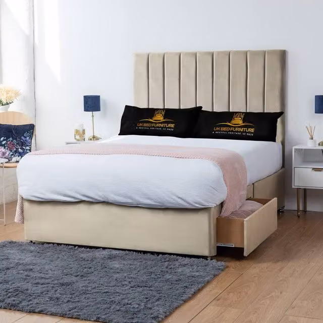 UK Bed Furniture Ashford Divan Bed with 2 Drawers and 26 Inch Headboard in Beige, Size: Double (W/D: 140 x 200 cm)