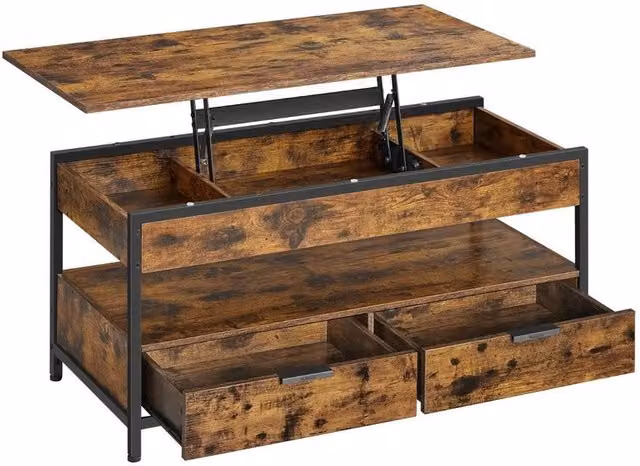 SPETLEK Industrial Brown Living Room Table with Height-Adjustable Lift Mechanism and Storage Drawers, W/D/H: 100 x 48 x 63 cm