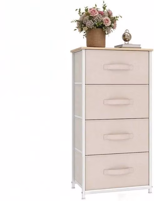 VOGREX White Steel Frame Bedroom Storage Chest with 4 Fabric Drawers in Cream