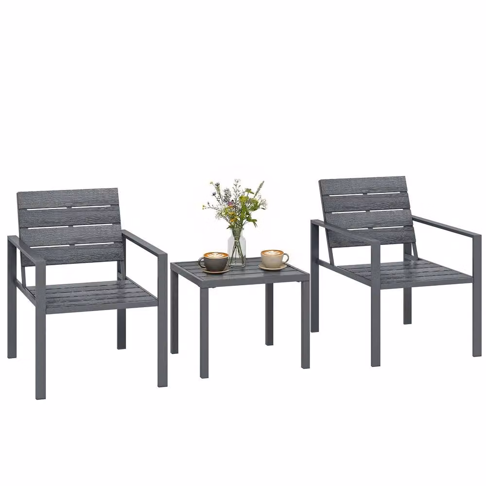 OUTSUNNY 3 Piece Garden Bistro Set with Square Table and 2 Chairs in Matt Dark Grey – 2