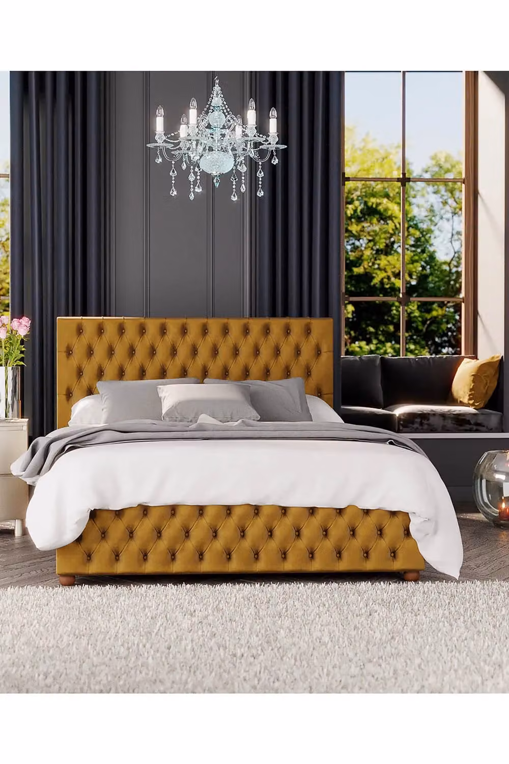 Laurence Llewelyn-Bowen Seren Ottoman Storage Bed in Mustard Plush Velvet Fabric, Super King Size (W: 200 cm x D: 200 cm) – 4