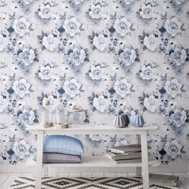 Muriva Lola Blue Floral Textured Wallpaper with Silver Glitter Gallery Flowers - Blue