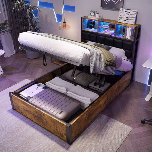 ModernLuxe Single Ottoman Bed in Walnut with LED Lighting, USB Charging Port and Storage Headboard