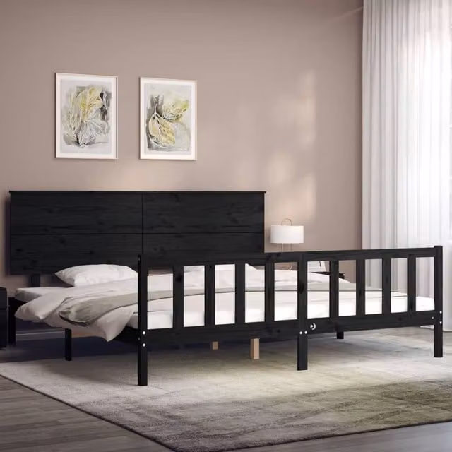Berkfield Home Beautiful Solid Wood Bed Frame with Headboard in Black, W/D/H: 200 x 200 x 82.5 cm