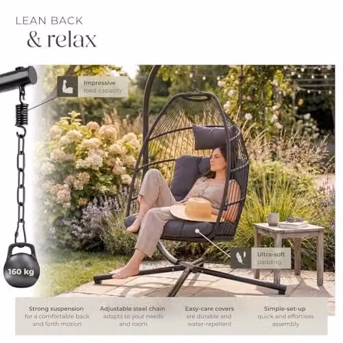tectake Grey Rattan Egg Chair with Powder Coated Steel Stand and Cushions – 4